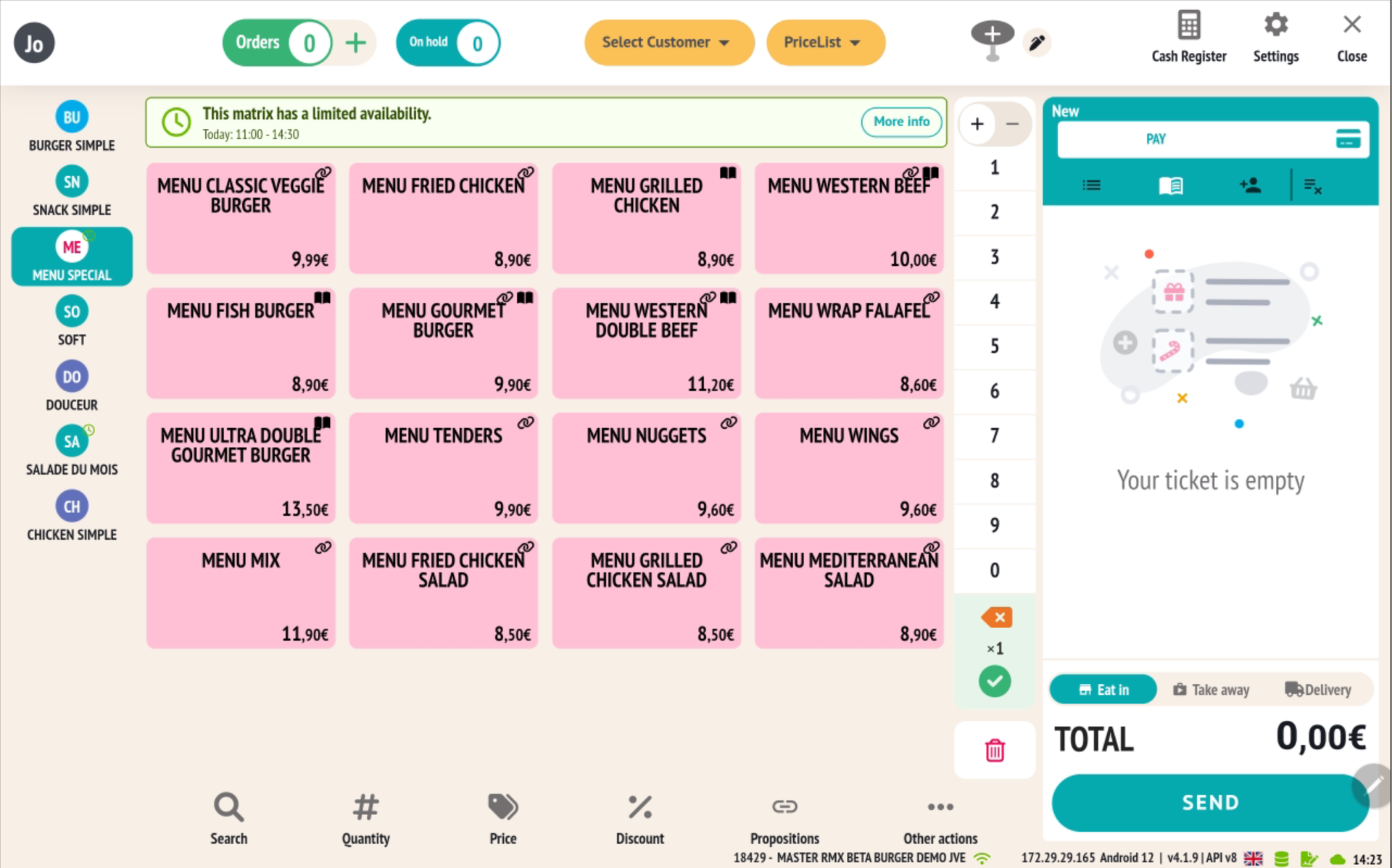 Vue caisse : bandeau indiquant qu'une matrice a une disponibilité programmée limitée