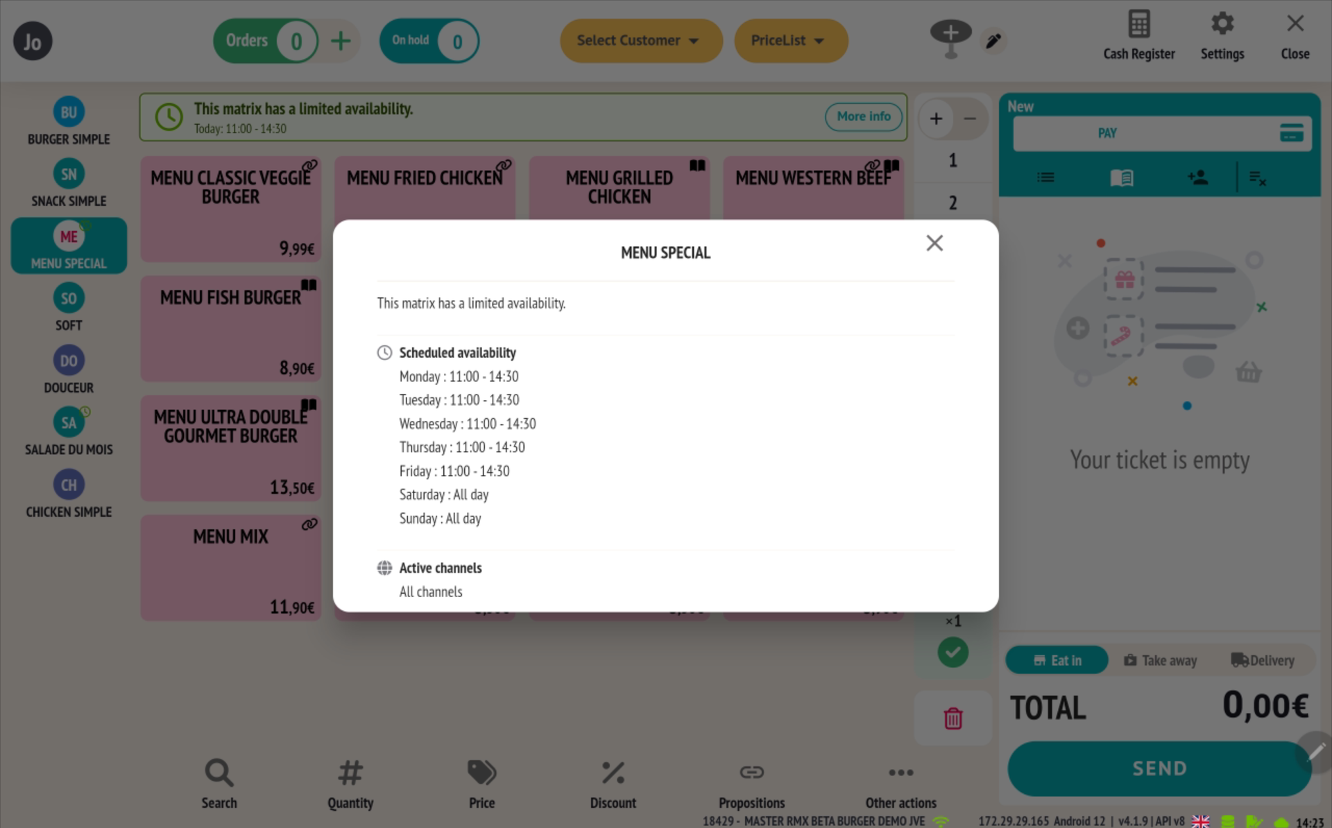Popup de détail de disponibilité d'une matrice : horaires, période de validité et canaux concernés