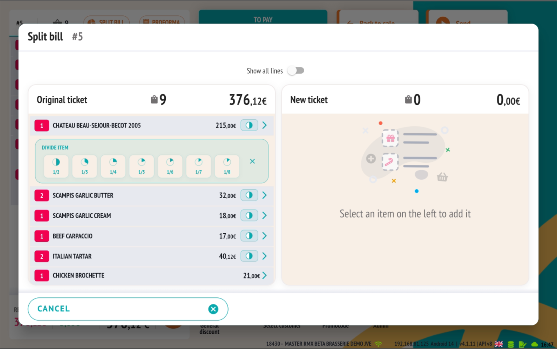 Écran de split bill : une ligne fractionnée avec l'indicateur de fraction visible