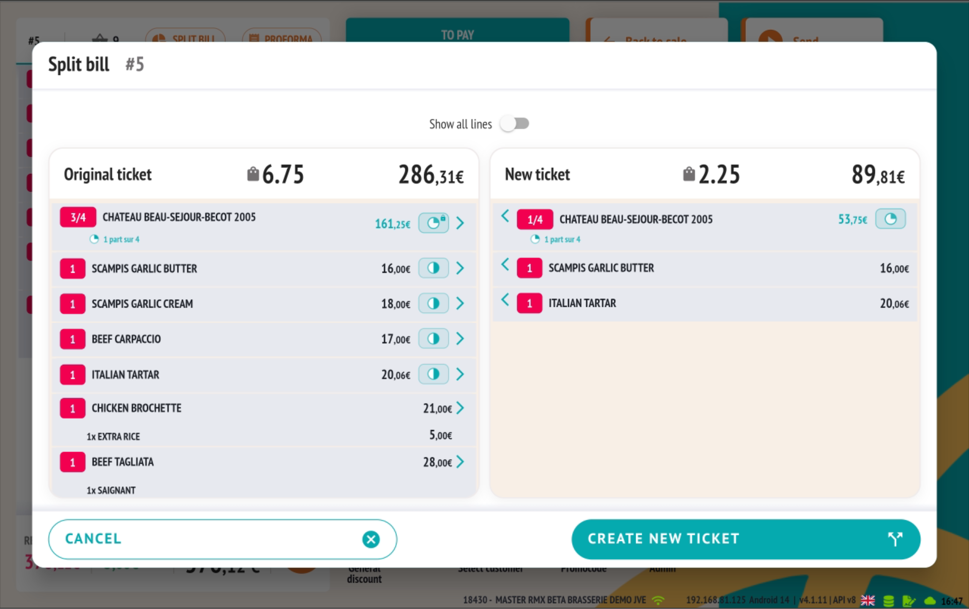 Écran de split bill : répartition d'une ligne fractionnée entre plusieurs tickets