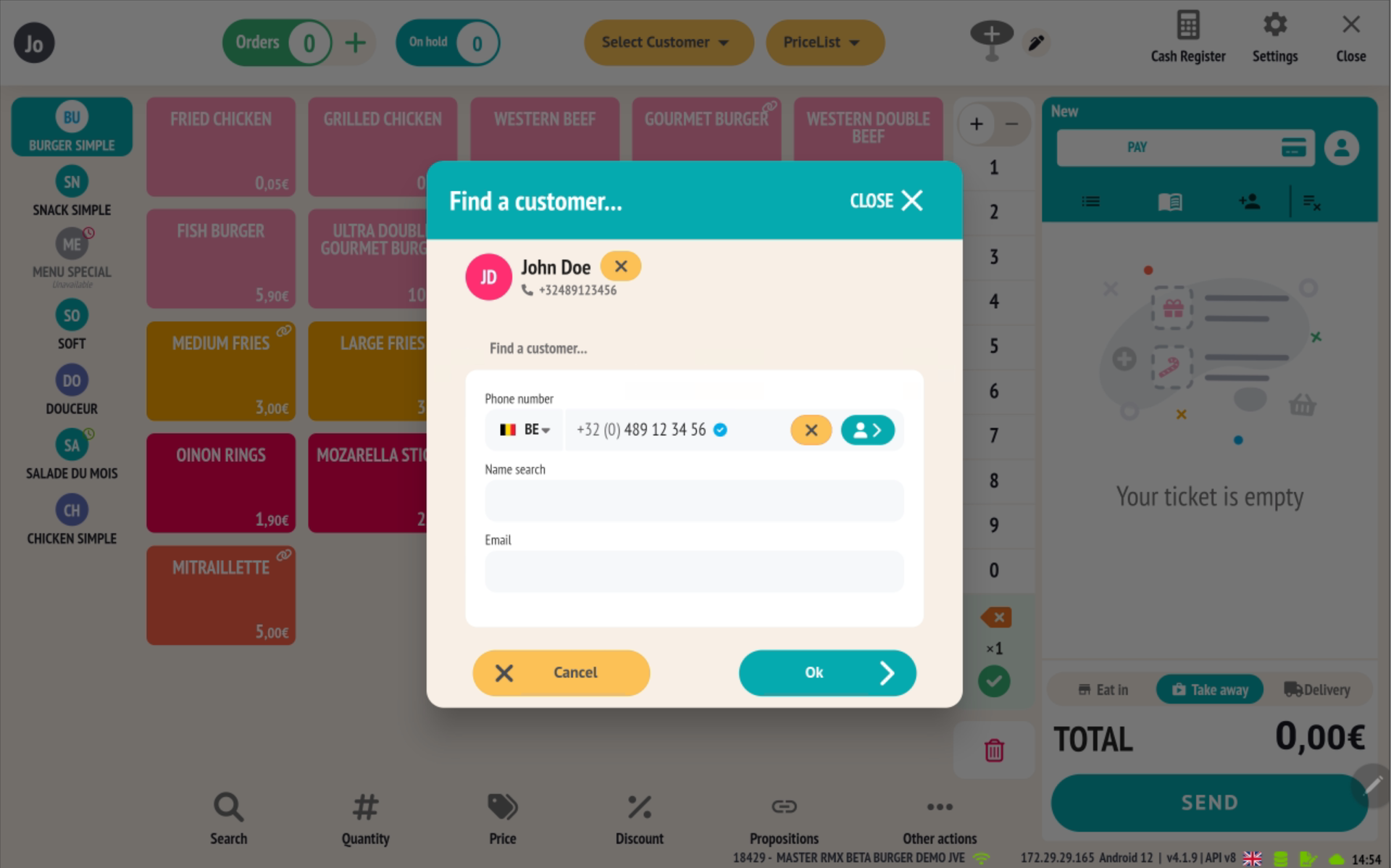 Recherche rapide « à emporter » dans la sélection du client, par nom et prénom