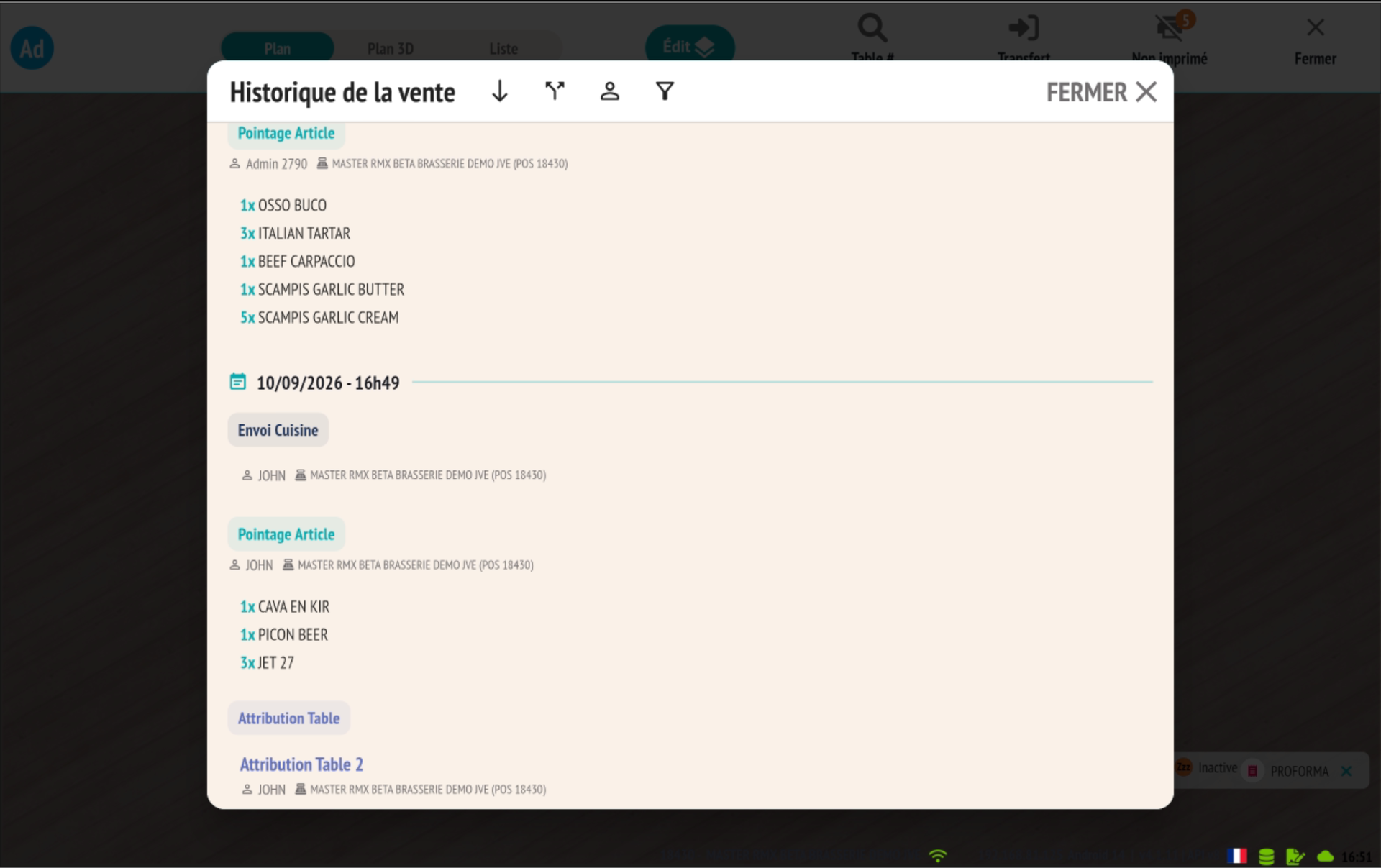 Popup Historique du ticket : vue par envoi, événements regroupés par envoi cuisine