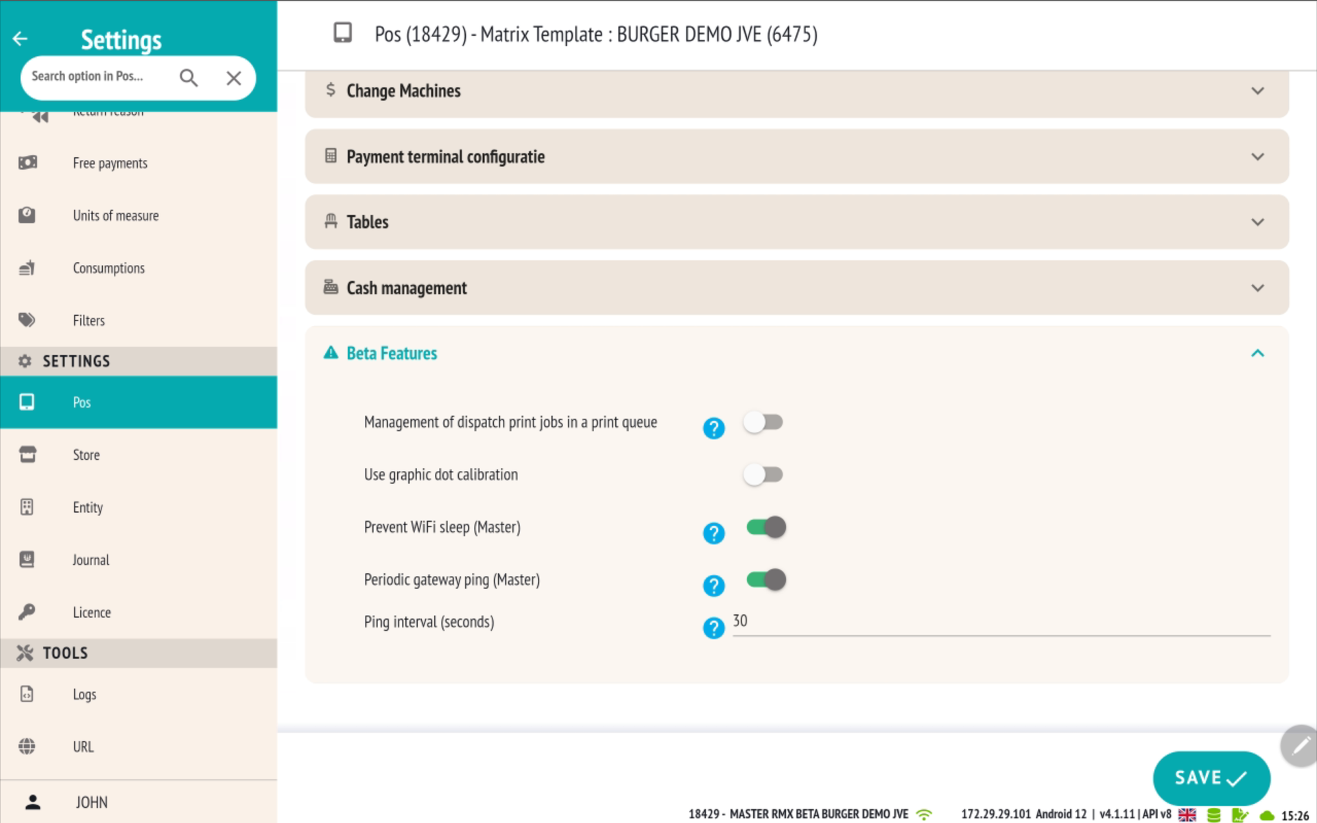 Réglages POS, section fonctionnalités bêta : options Empêcher la mise en veille WiFi et Ping périodique de la passerelle